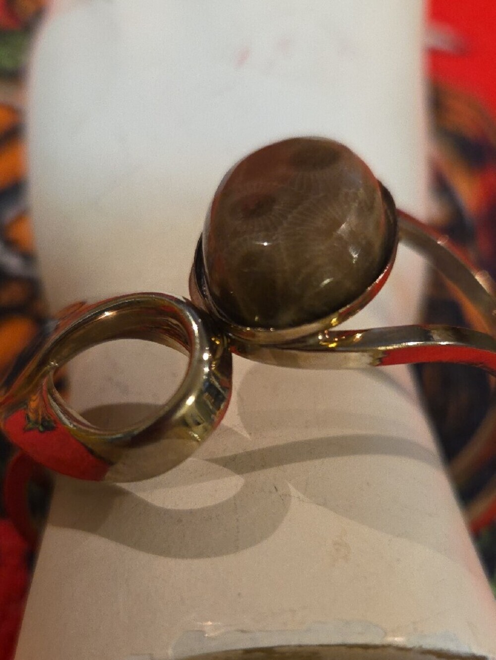 Vintage Gold Tone Abstract Loop Bangle Cuff Bracelet with Brown Stone